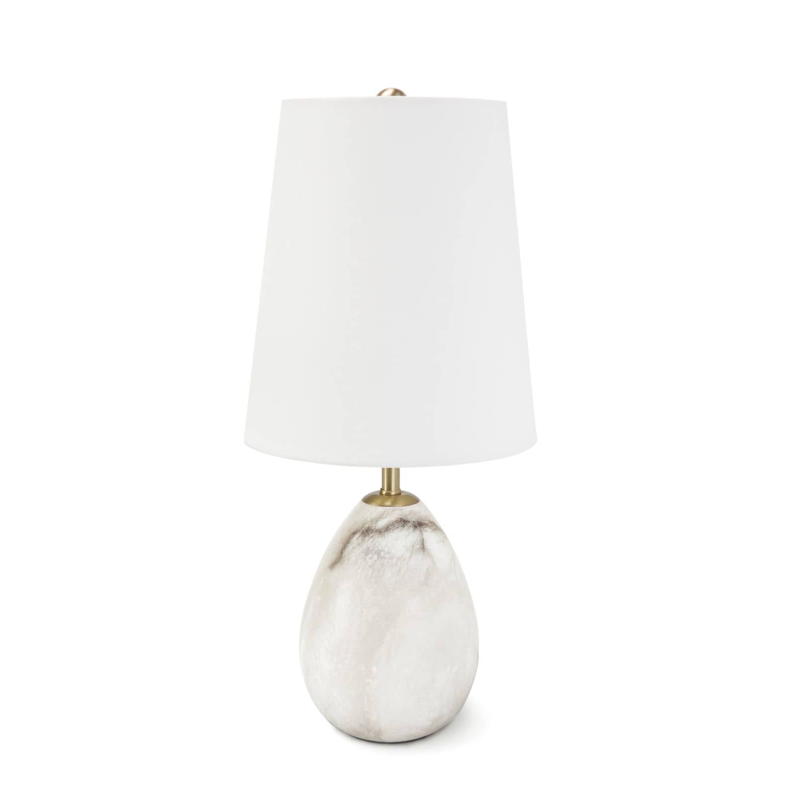 Modern egg shaped alabaster mini table lamp with natural brass fittings and white shade