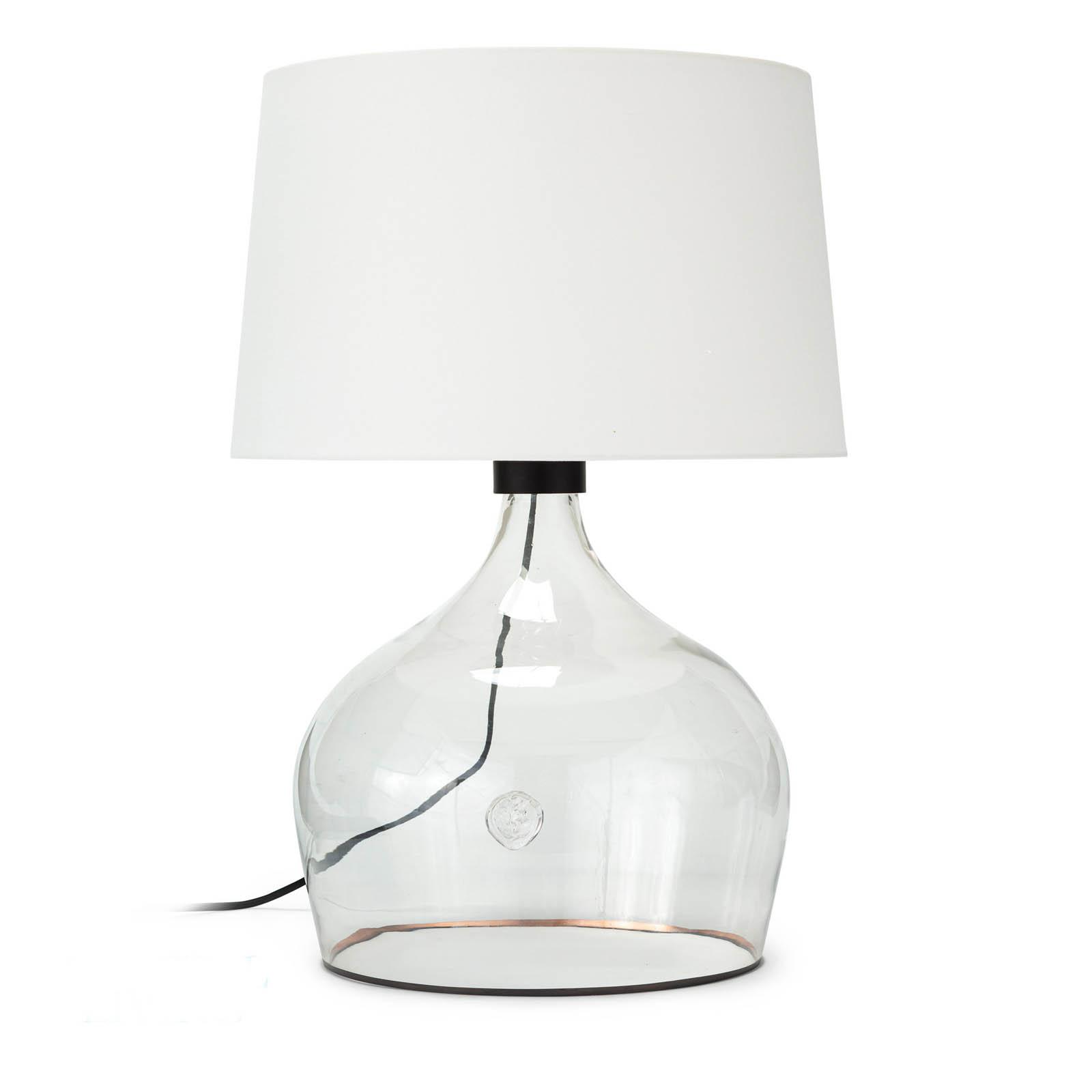 Coastal Styled clear glass demi john lamp with a white shade