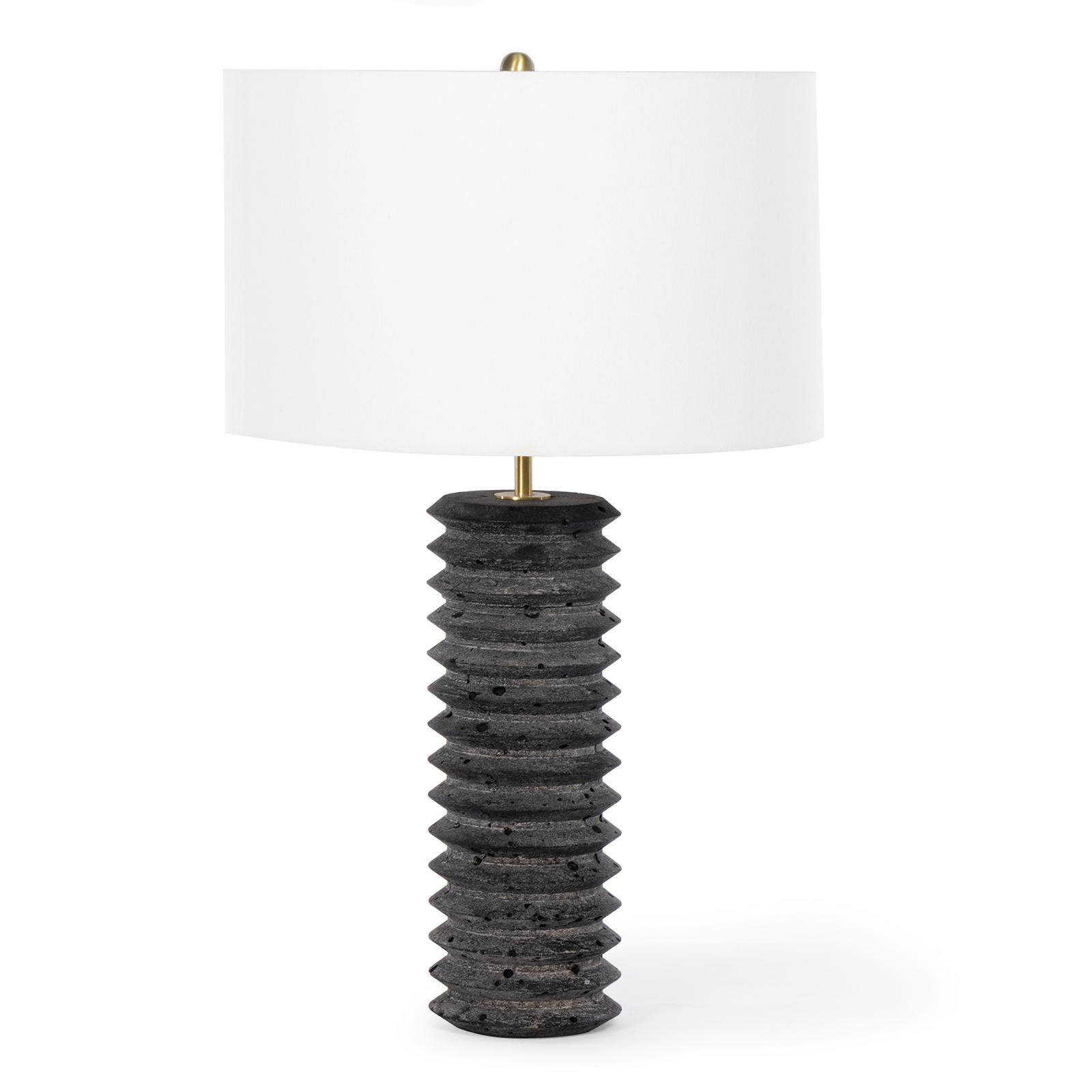 Black Travertine column lamp with a white shade and natural brass fittings