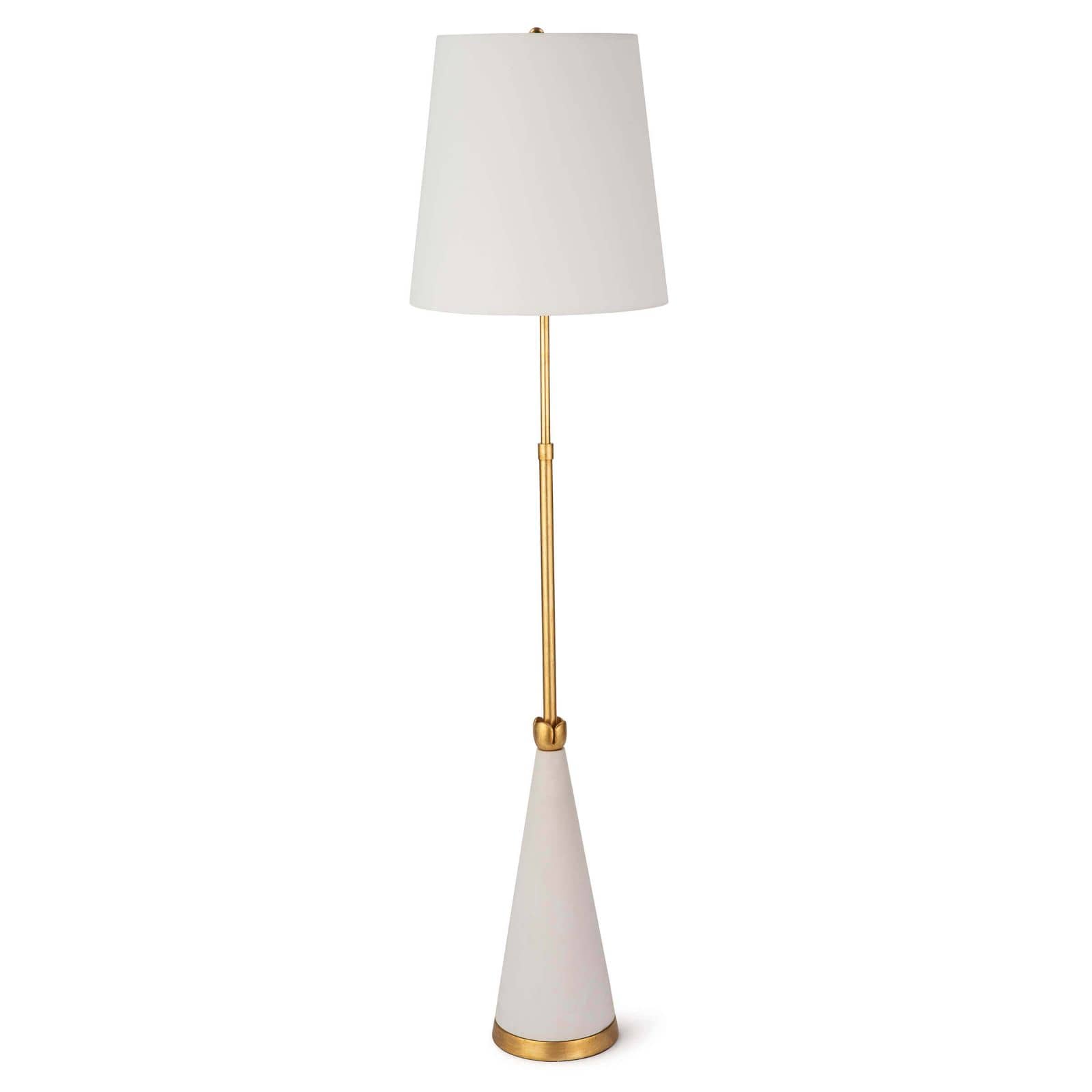 White concrete lamp with gold-leaf detailing and a white shade