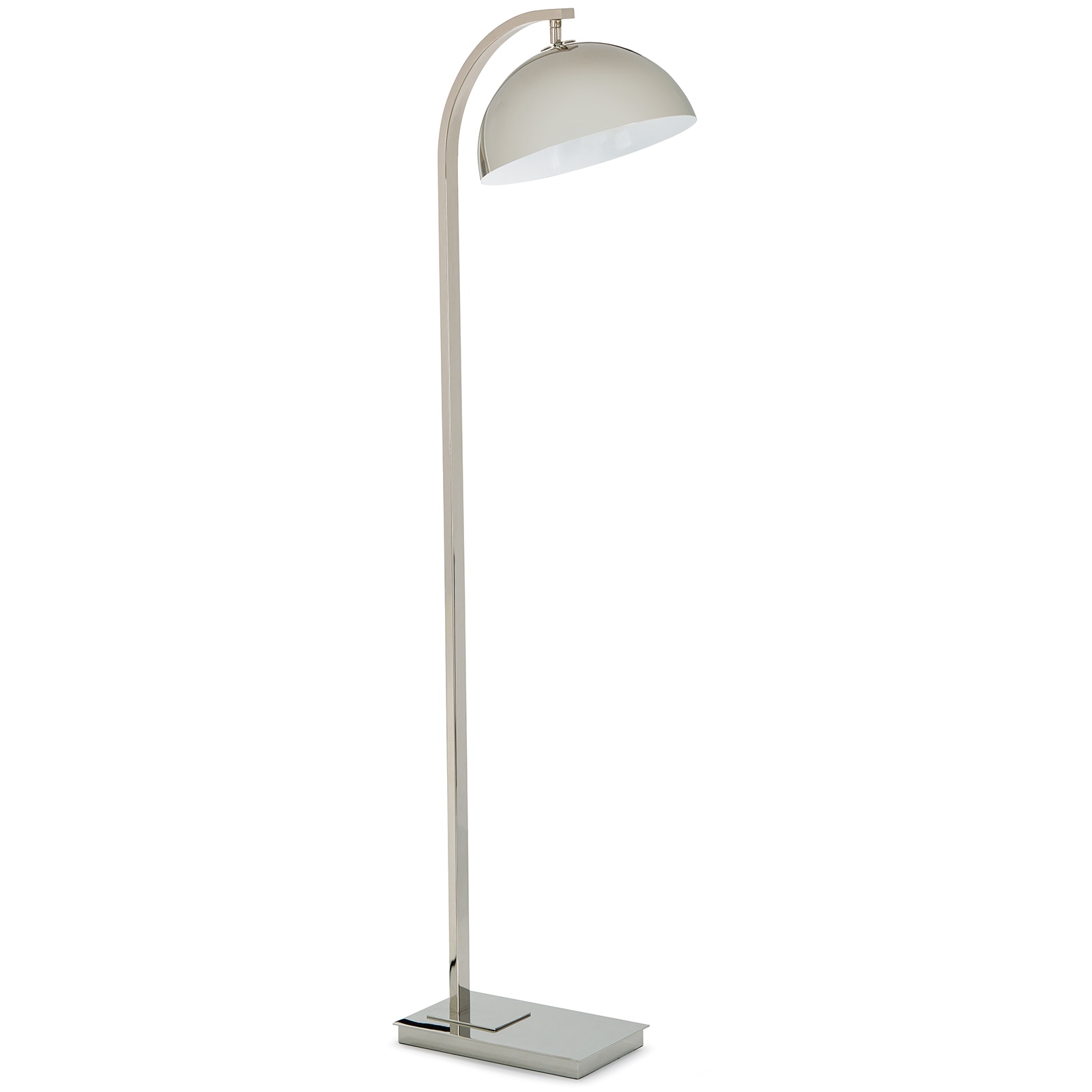 Bauhaus inspired floor lamp with a circular shade and polished nickel finish