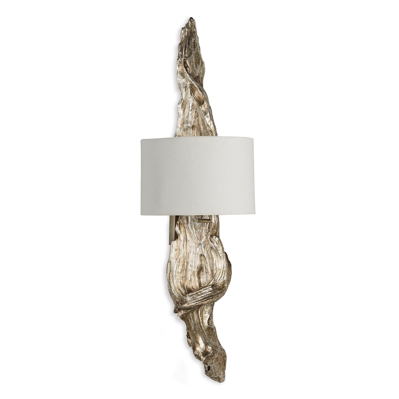 Ambered silver leaf southern style drifwood-inspired wall sconce with a white shade