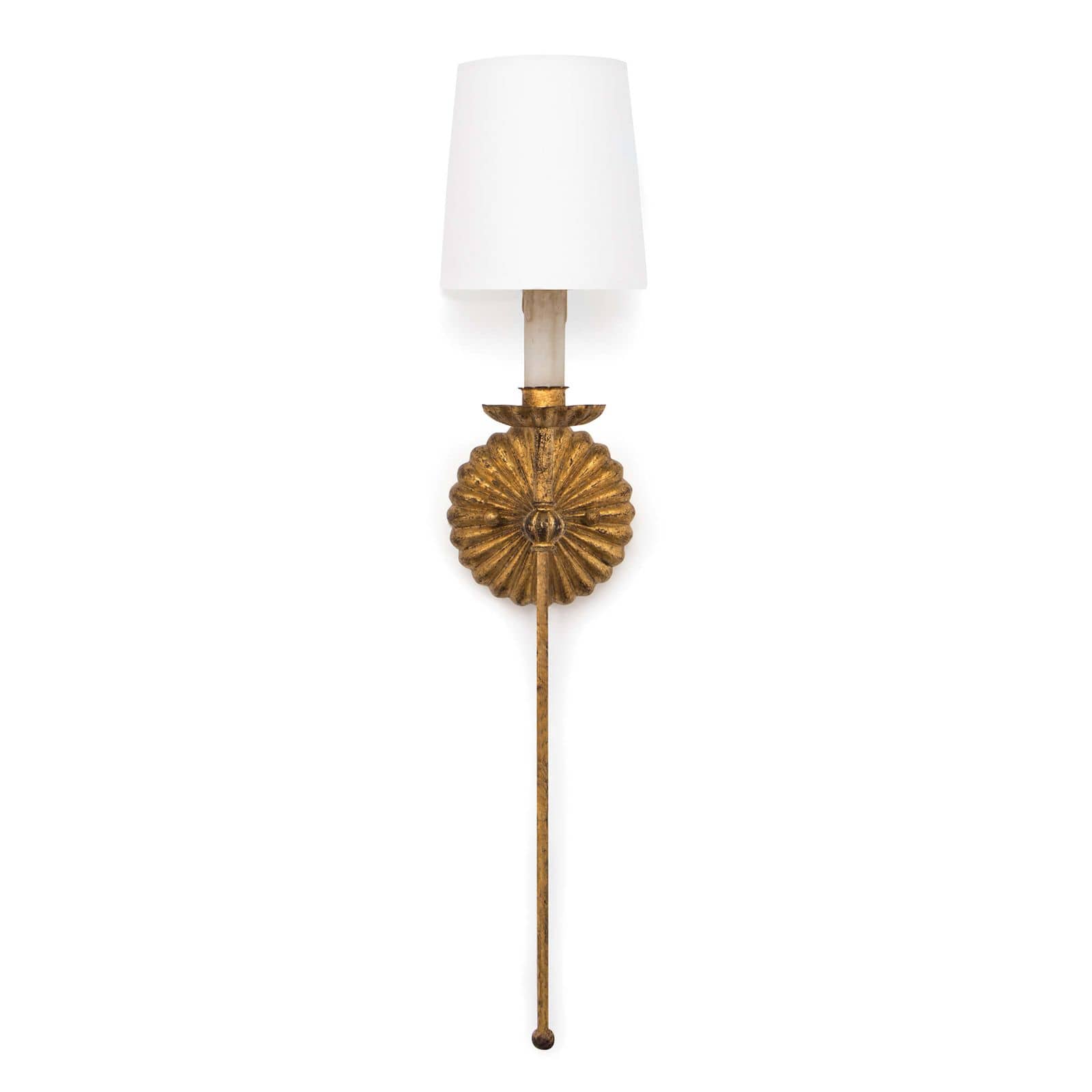 Gold leaf finished sconce with bobeches and elongated stem with a white shade