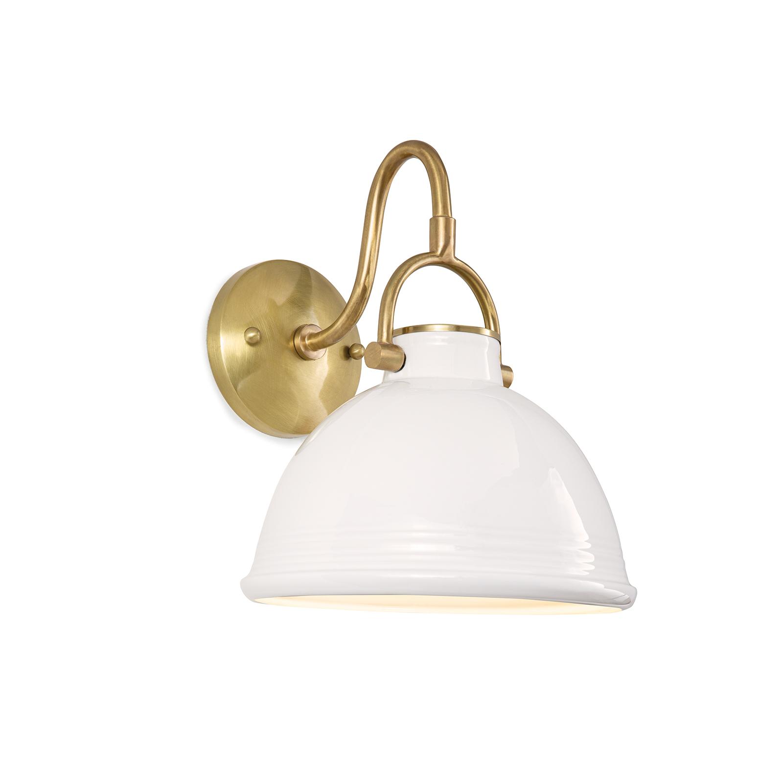 Modern farmhouse white ceramic sconce with natural brass finishes