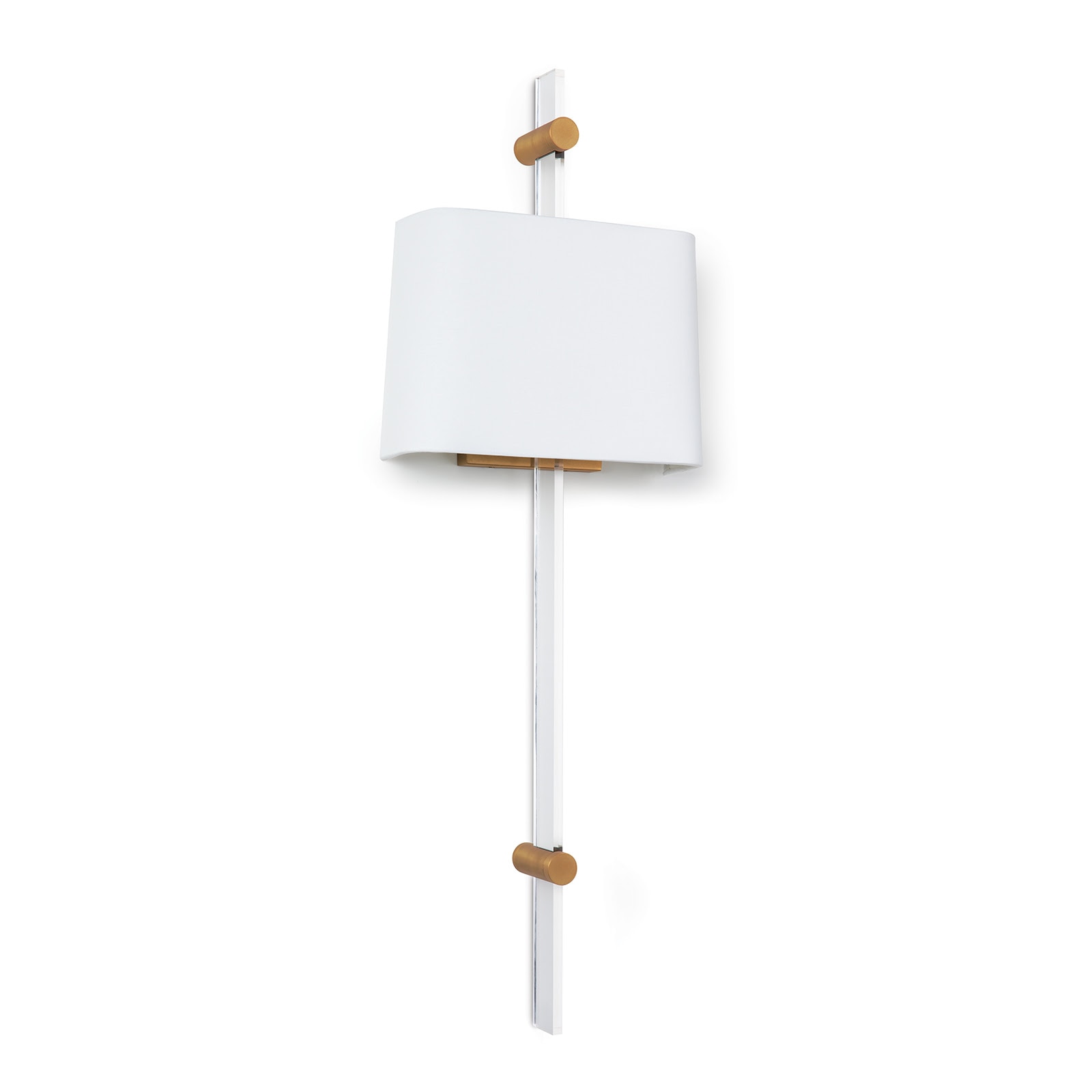 Modern glamorous sconce made of acrylic and accented with a white shade and natural brass