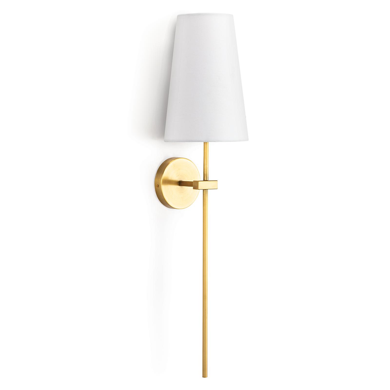 Natural brass skinny wall sconce light with a white shade