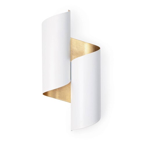 Modern folded metal sconce, finished in white and natural brass
