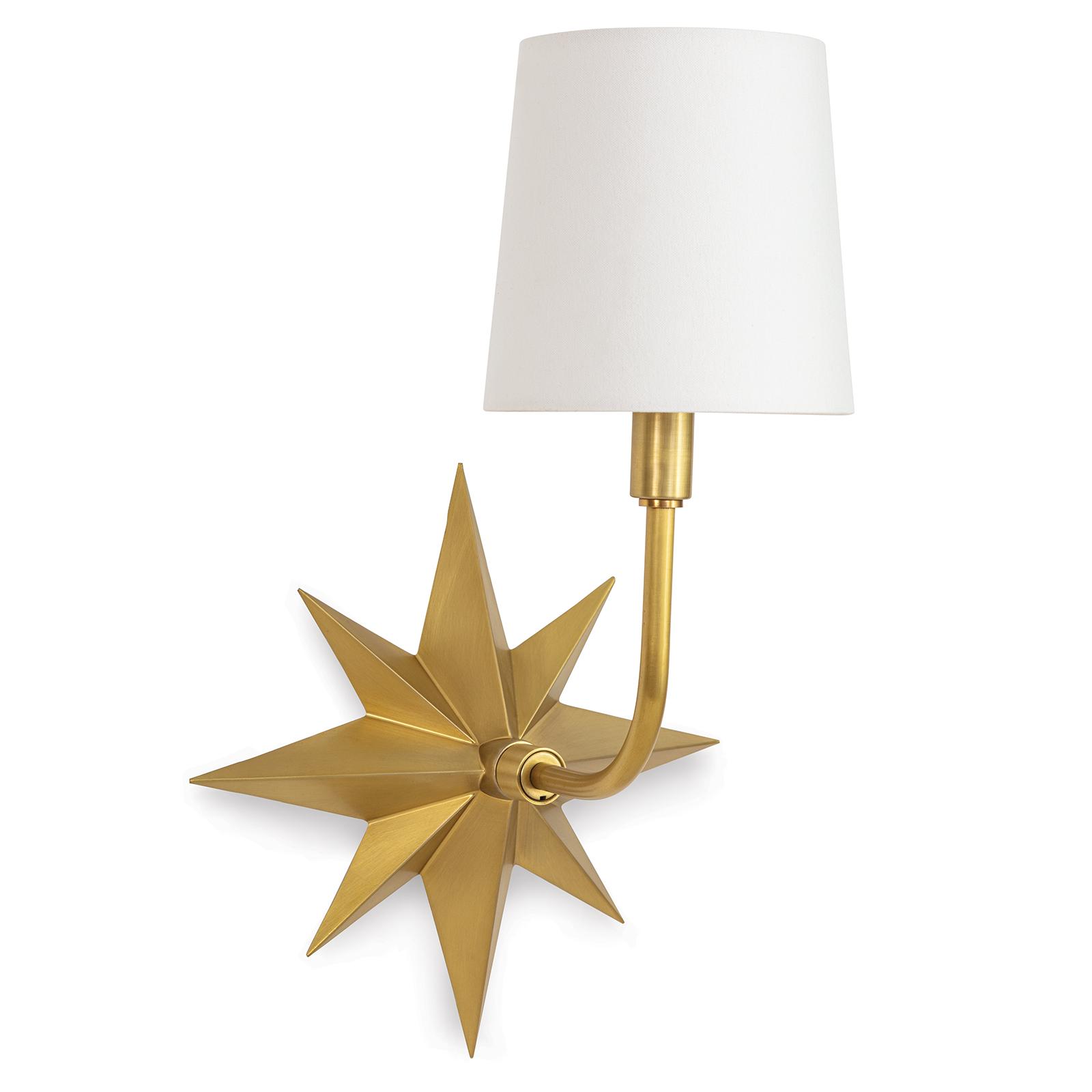 Art Deco star shaped natural brass sconce with a white shade