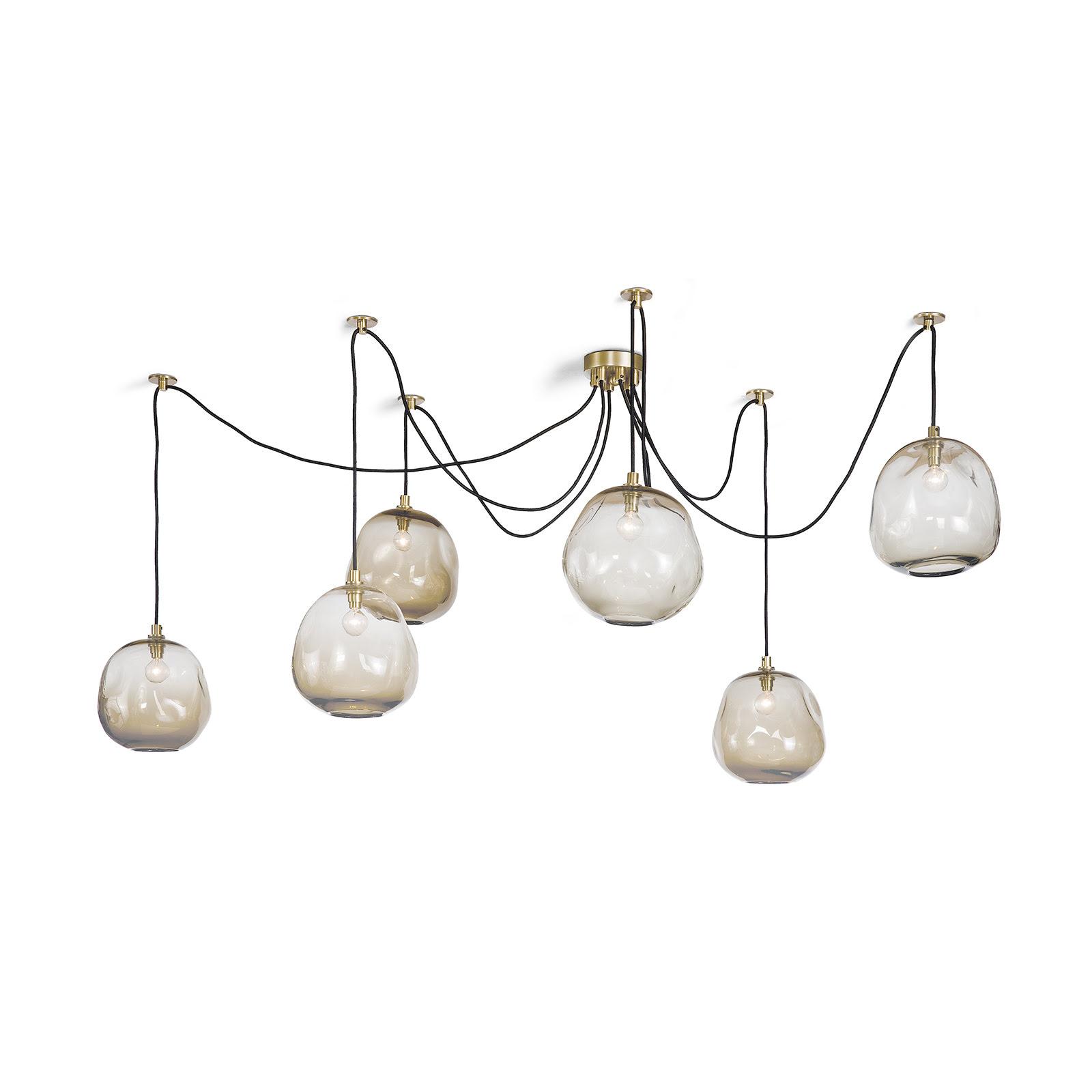 Hanging wire chandelier with molten glass fittings