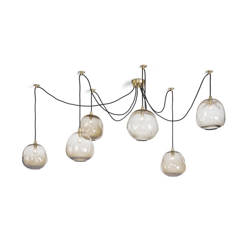 Molten glass bulb chandelier with natural brass fittings