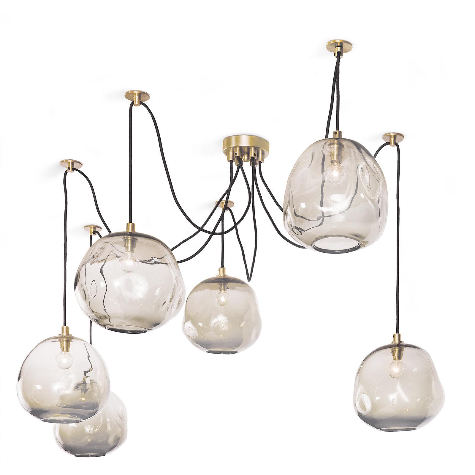 Hanging molten bulb candelier with natural brass fittings