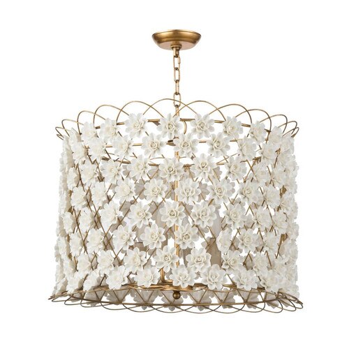Whimsical porcelain flower chandelier with natural brass fittings