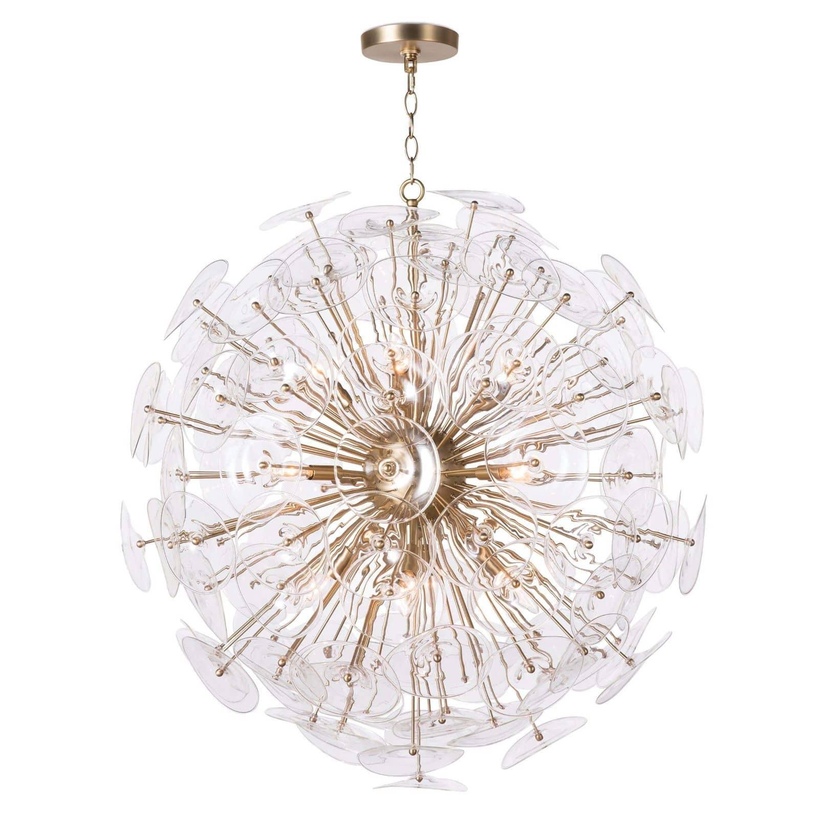 Sputnik styled ceiling chandelier with glass poppys surrounding it