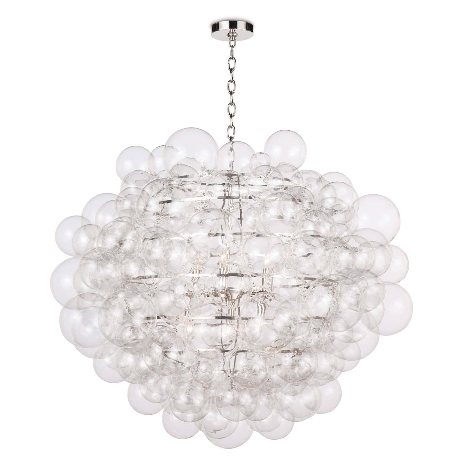 Glass chandelier with hundreds of glass bulbs and polished nickel rod
