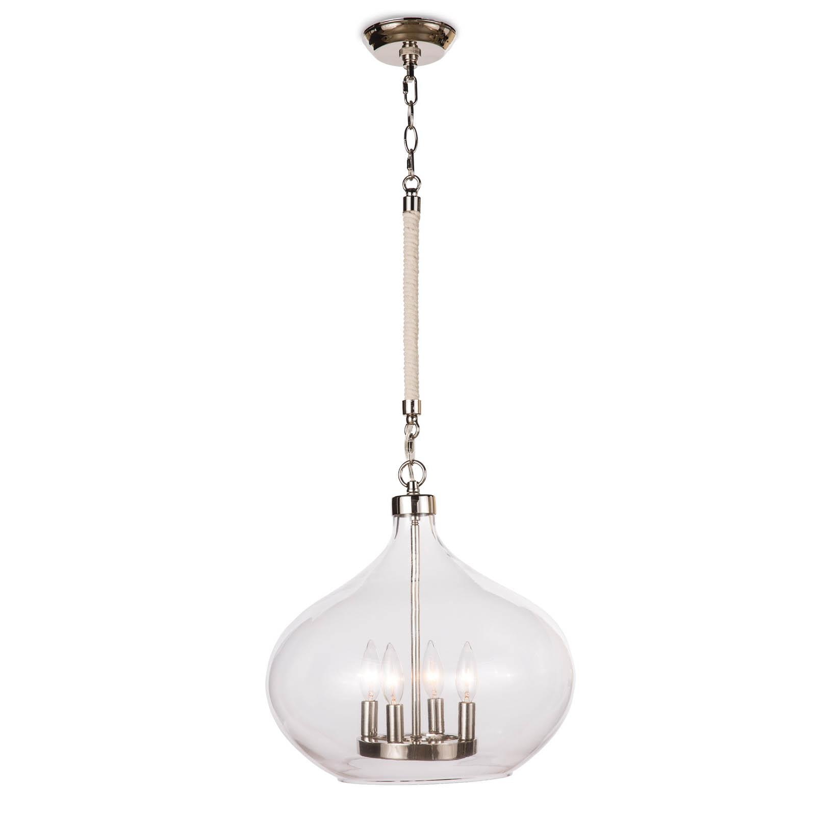 Glass raindrop-shaped pendant with a polished nickel frame