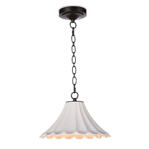 White ceramic pendant light with a black chain