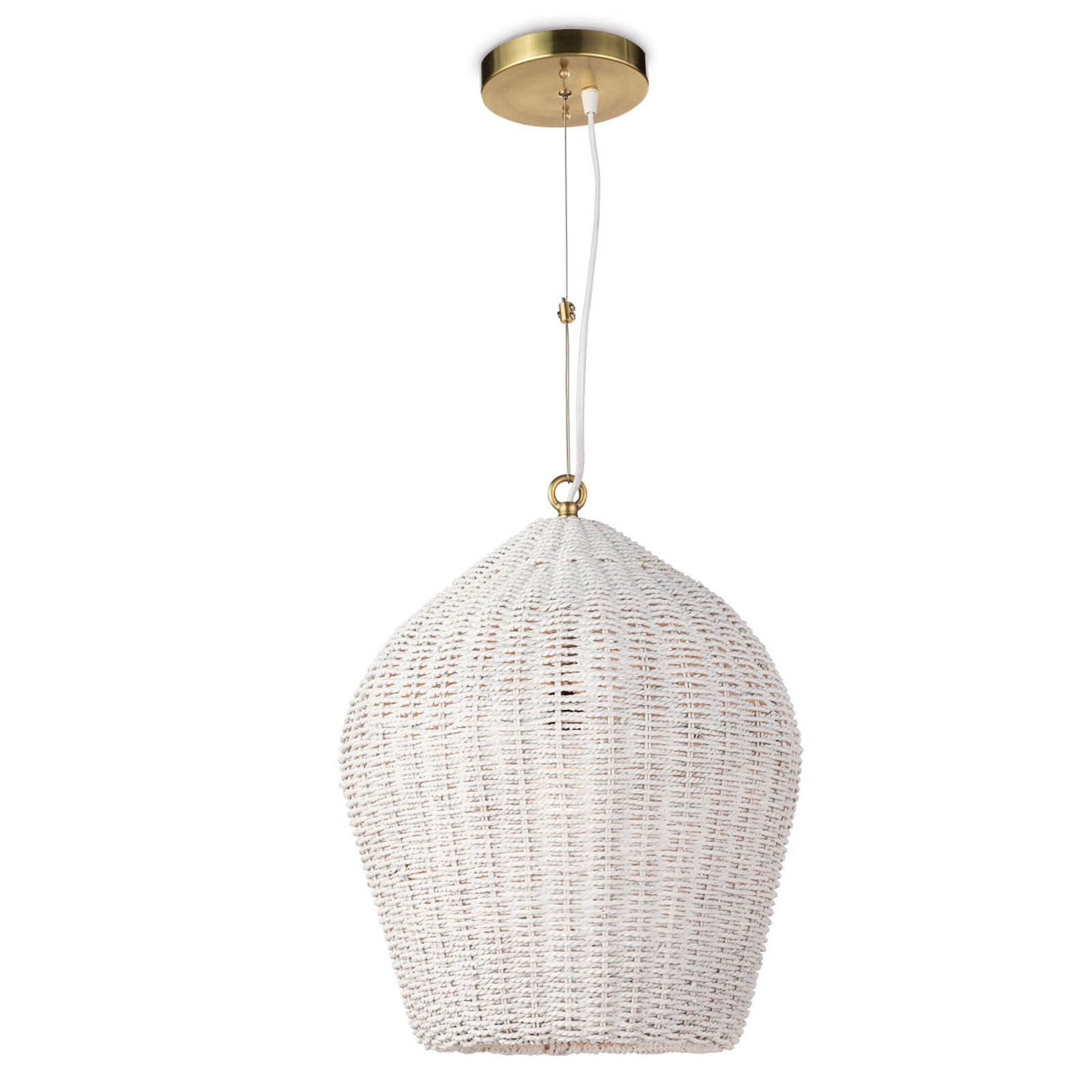 Coastal styled rattan white pendant with natural brass fittings