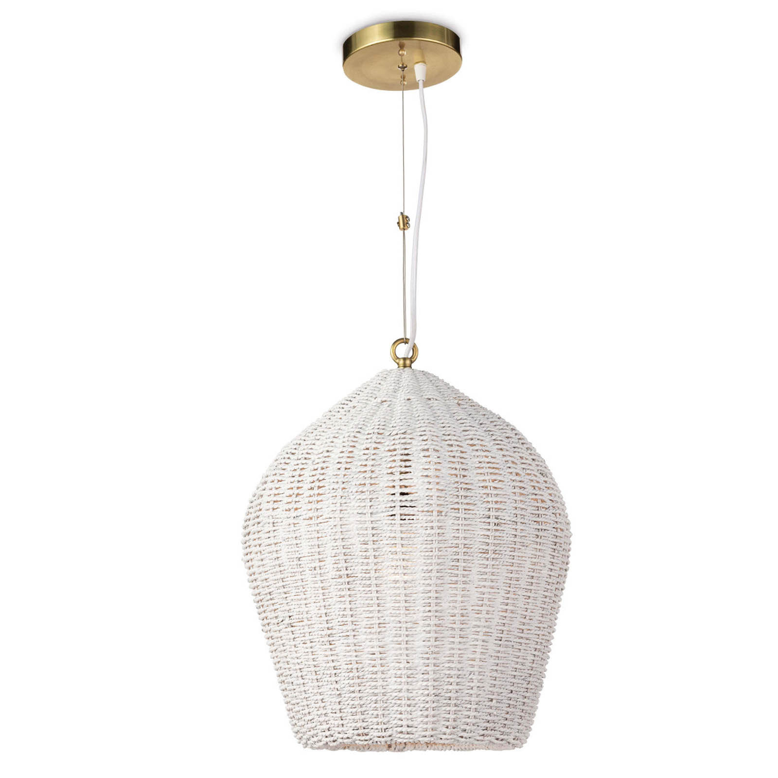 Coastal styled rattan white pendant with natural brass fittings