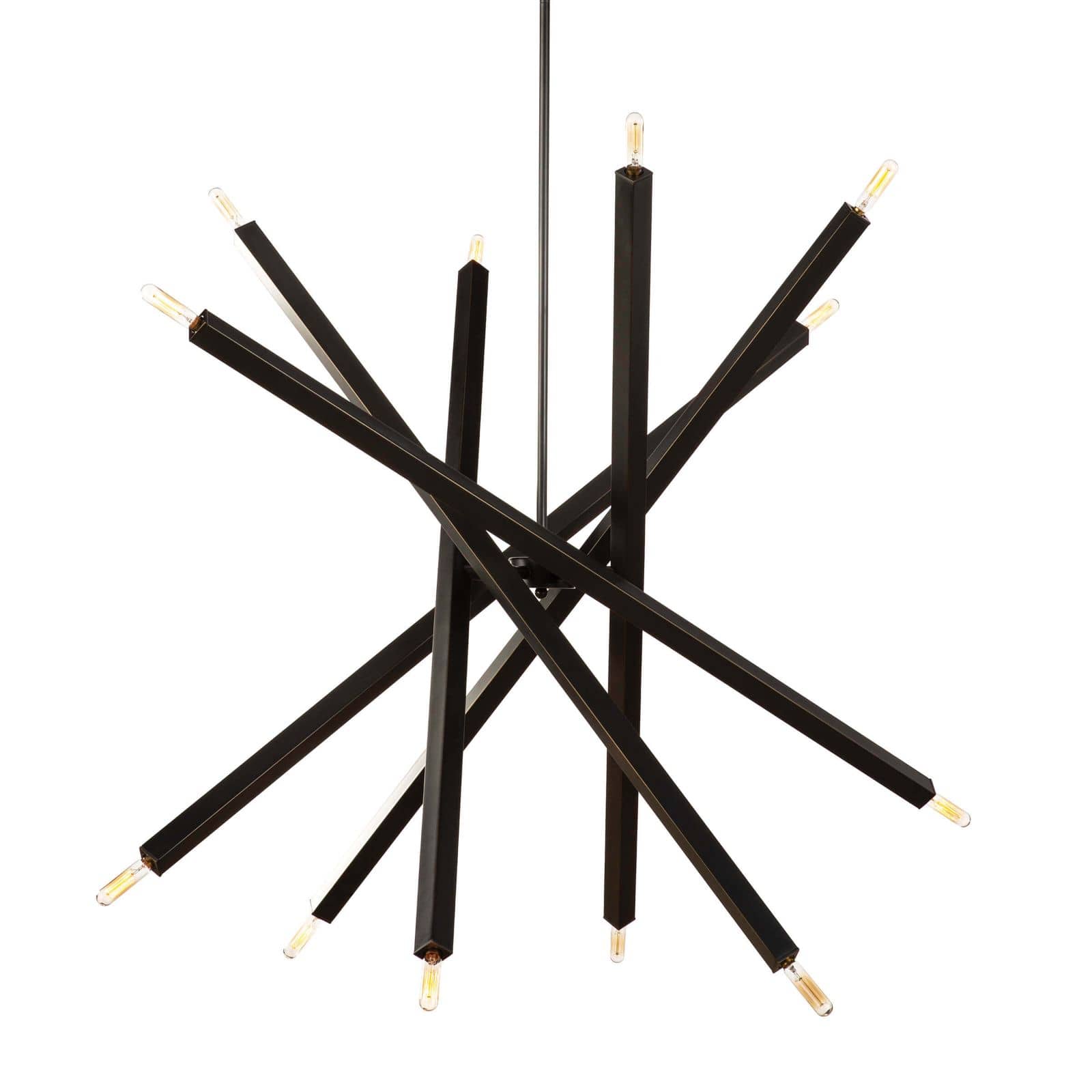 A dazzling chandelier featuring multiple arms, with a lustrous oil rubbed bronze finish with radiant fixtures at each end