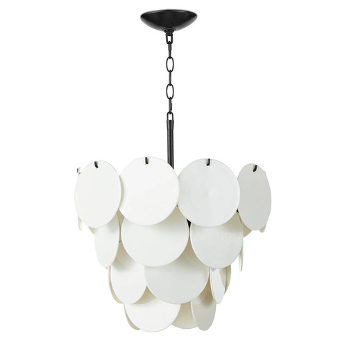 A glass chandelier with white glass disks hanging on a black rod