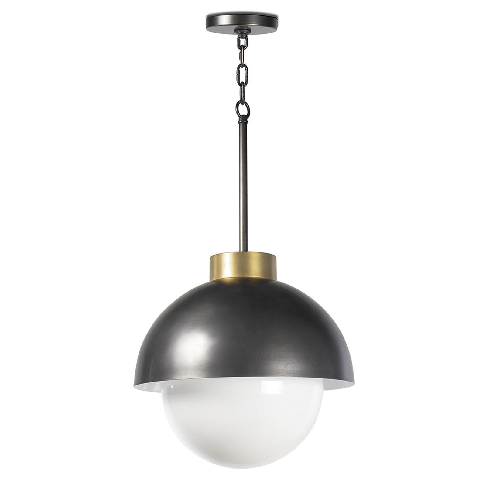 Curved metal shade pendant light with natural brass accents, a opal white glass globe and an oil rubbed bronze chain