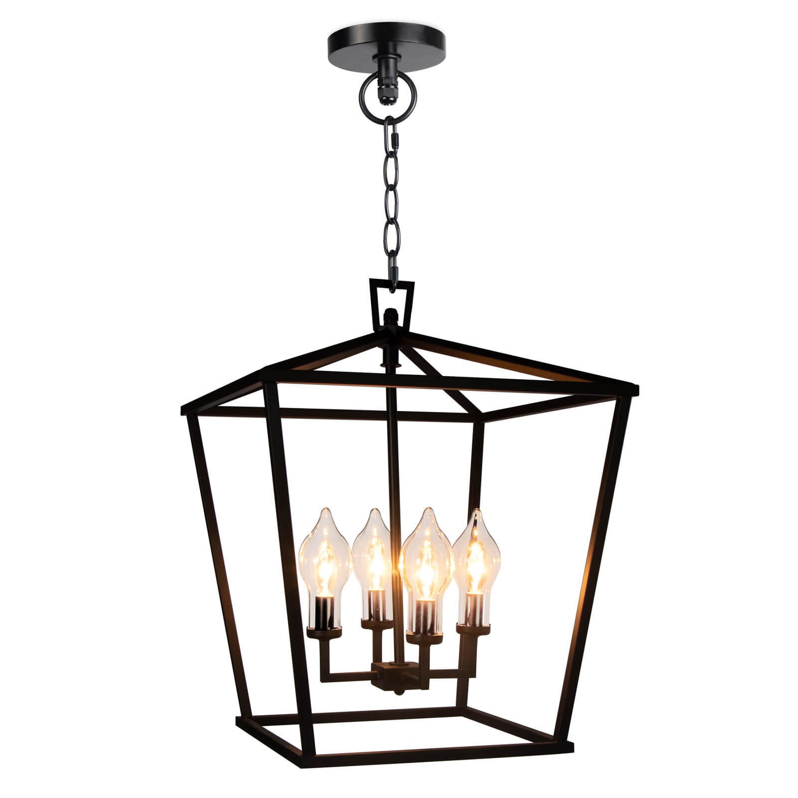 Black, powder-coated chandelier with a cluster of candle cups with protective candelabra bulb covers.