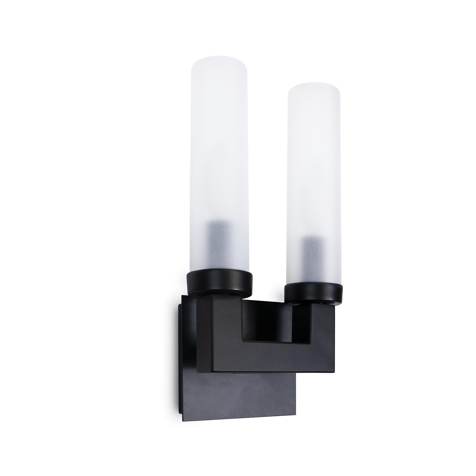 Modernism inspired black wall sconce with two frosted glass light covers