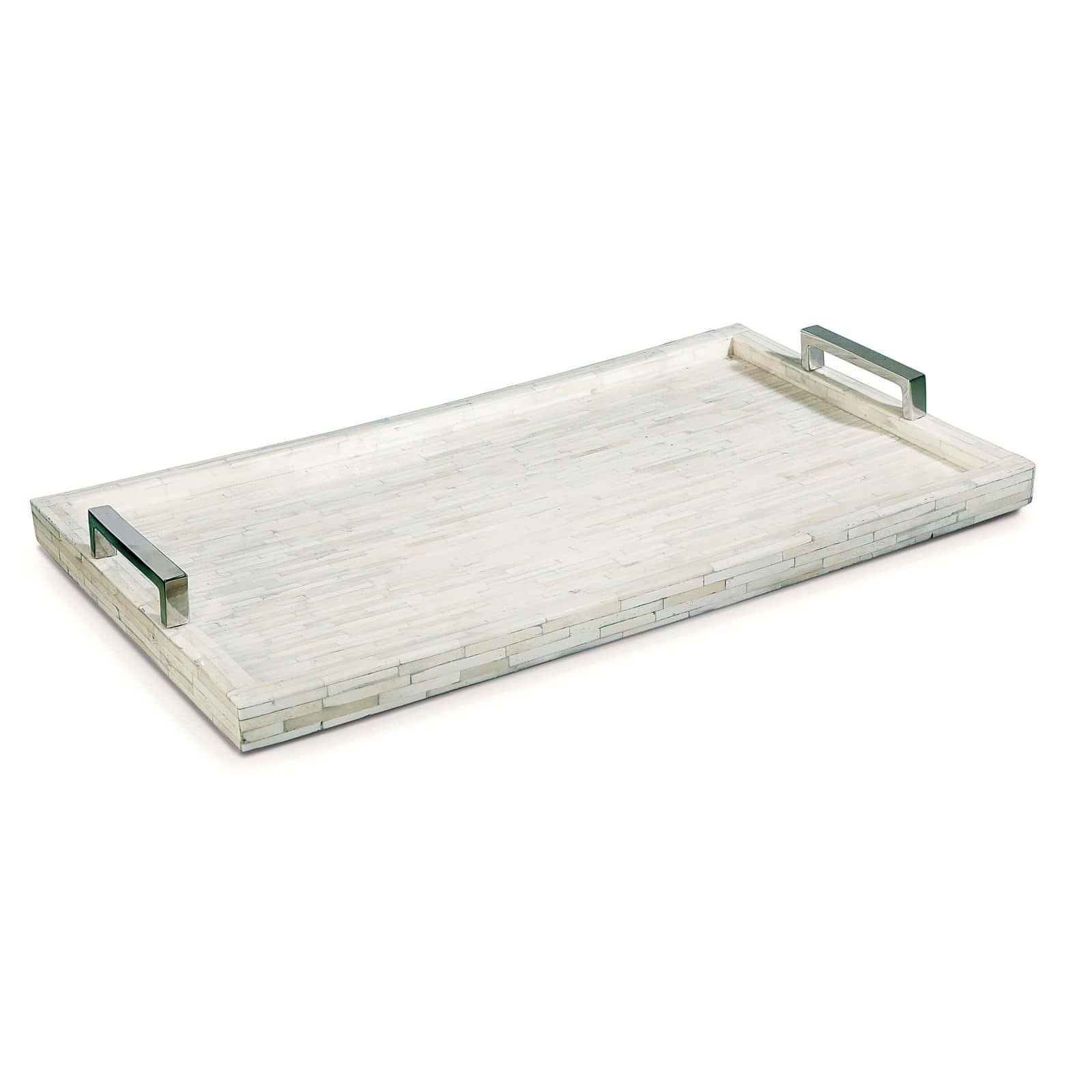 Modern rectangular tray made from bone with polished nickel handles