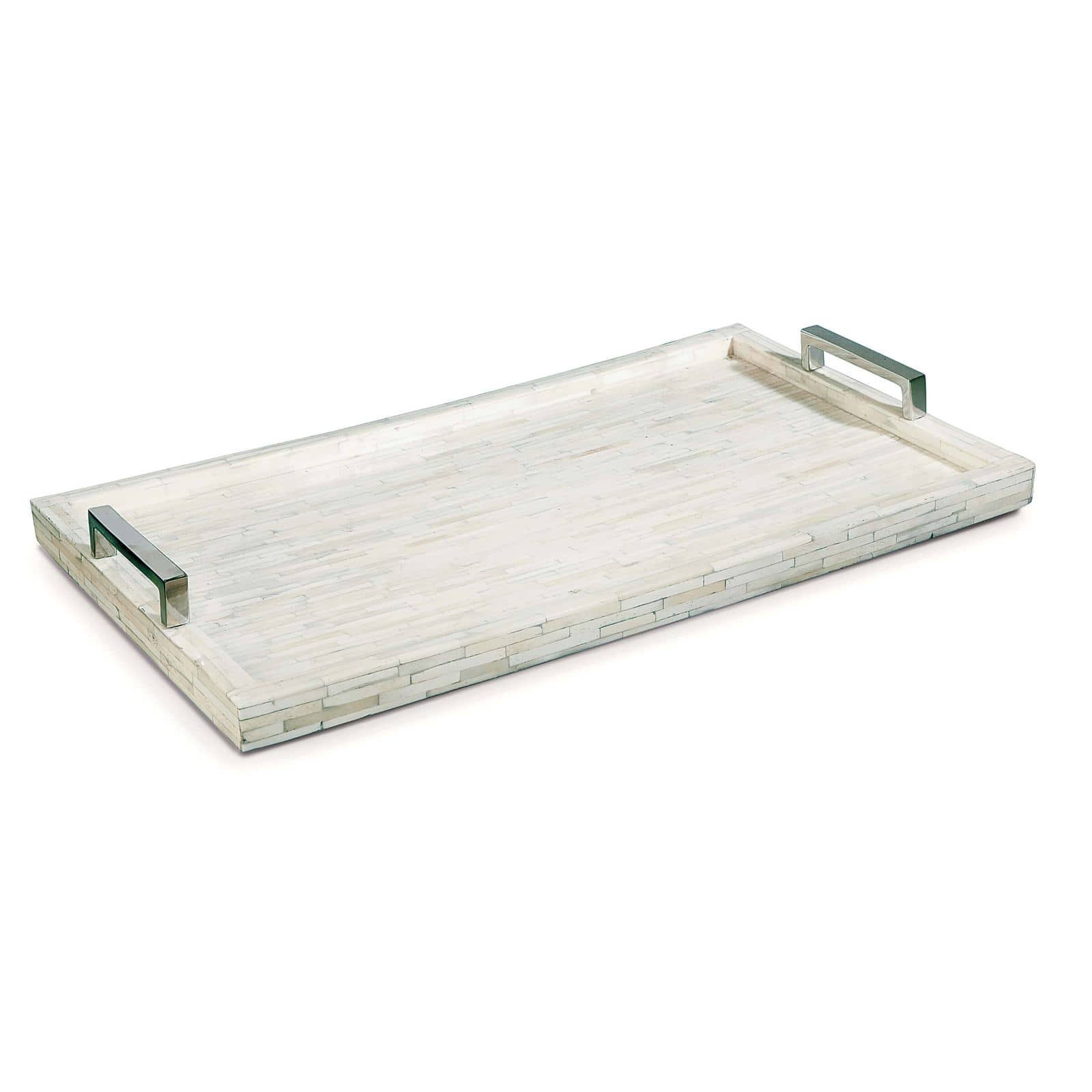 Modern rectangular tray made from bone with polished nickel handles