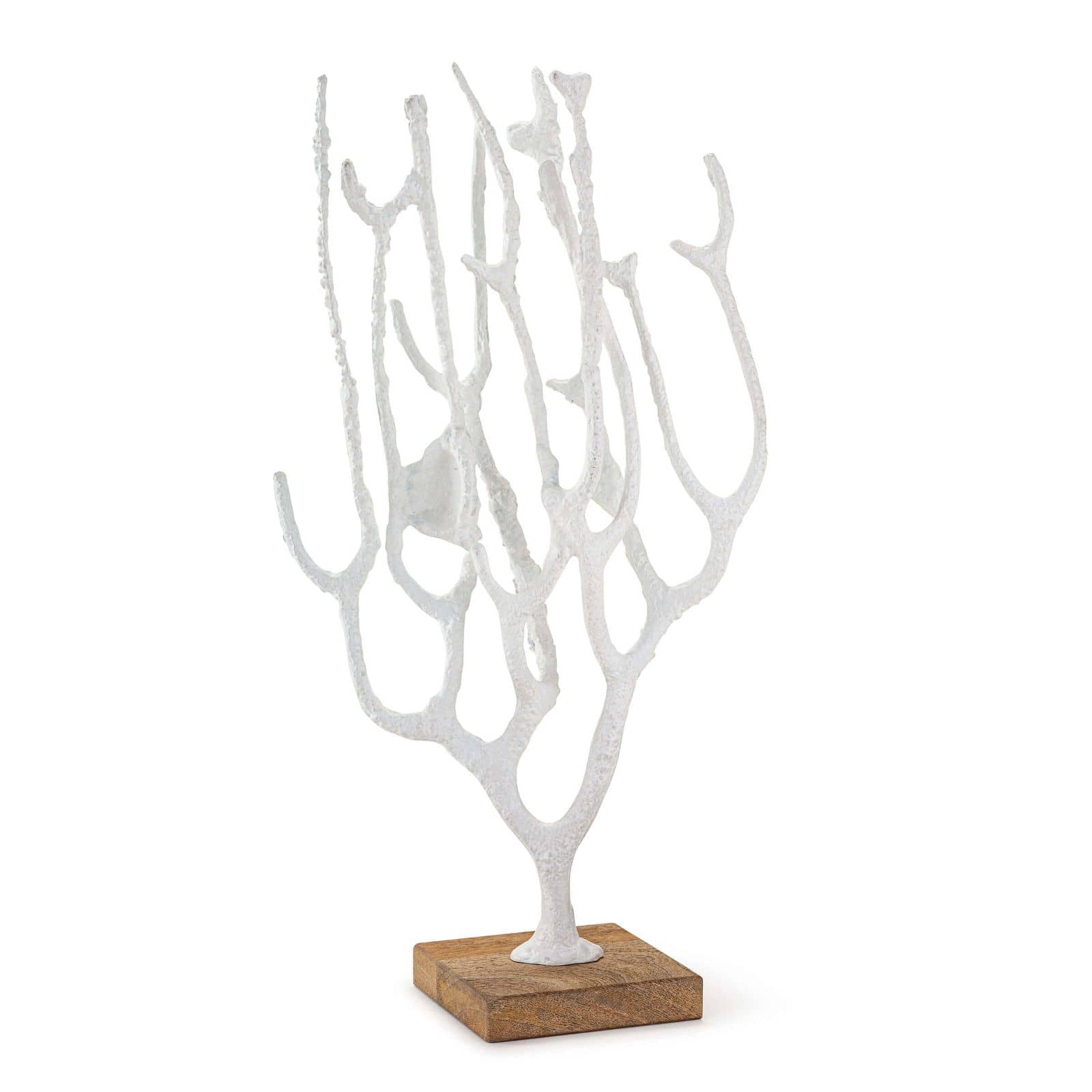 Coral sculpture with a white plaster finish and a mango wood base