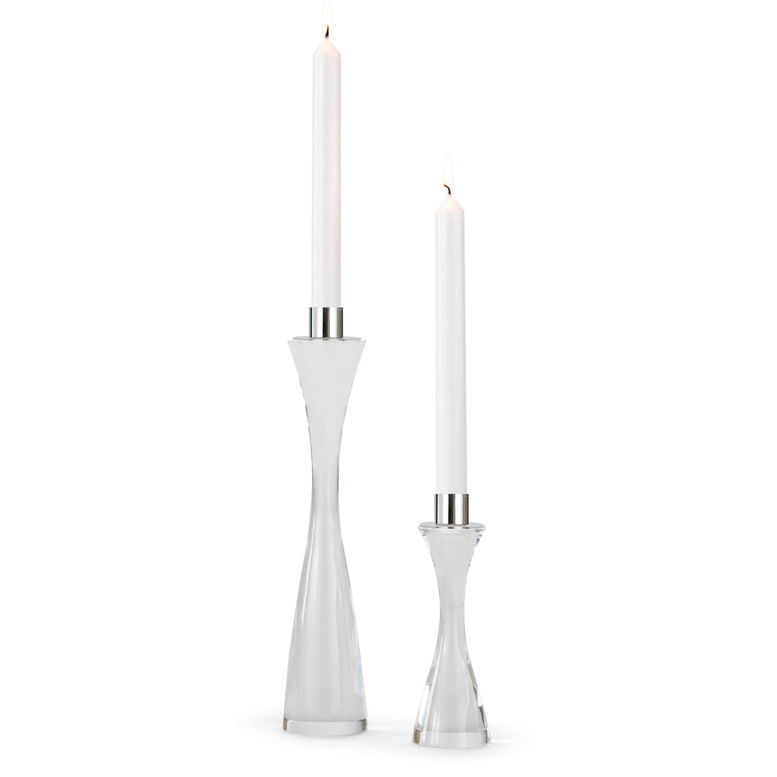 Cozy modern acrylic candlesticks with polished nickel accents