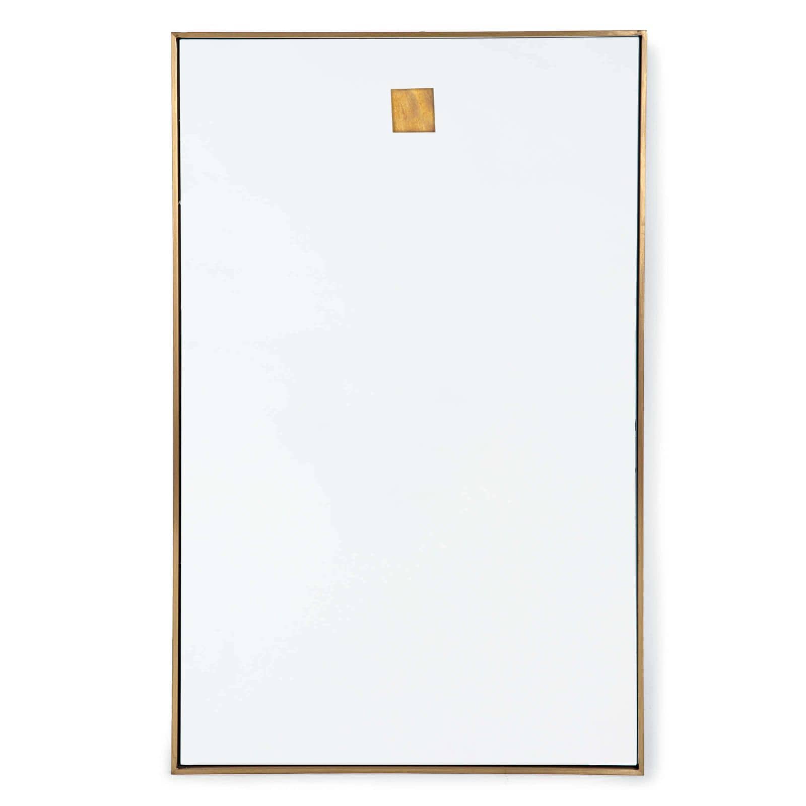 Large bold rectangle natural brass mirror with a small square of natural brass in the top center