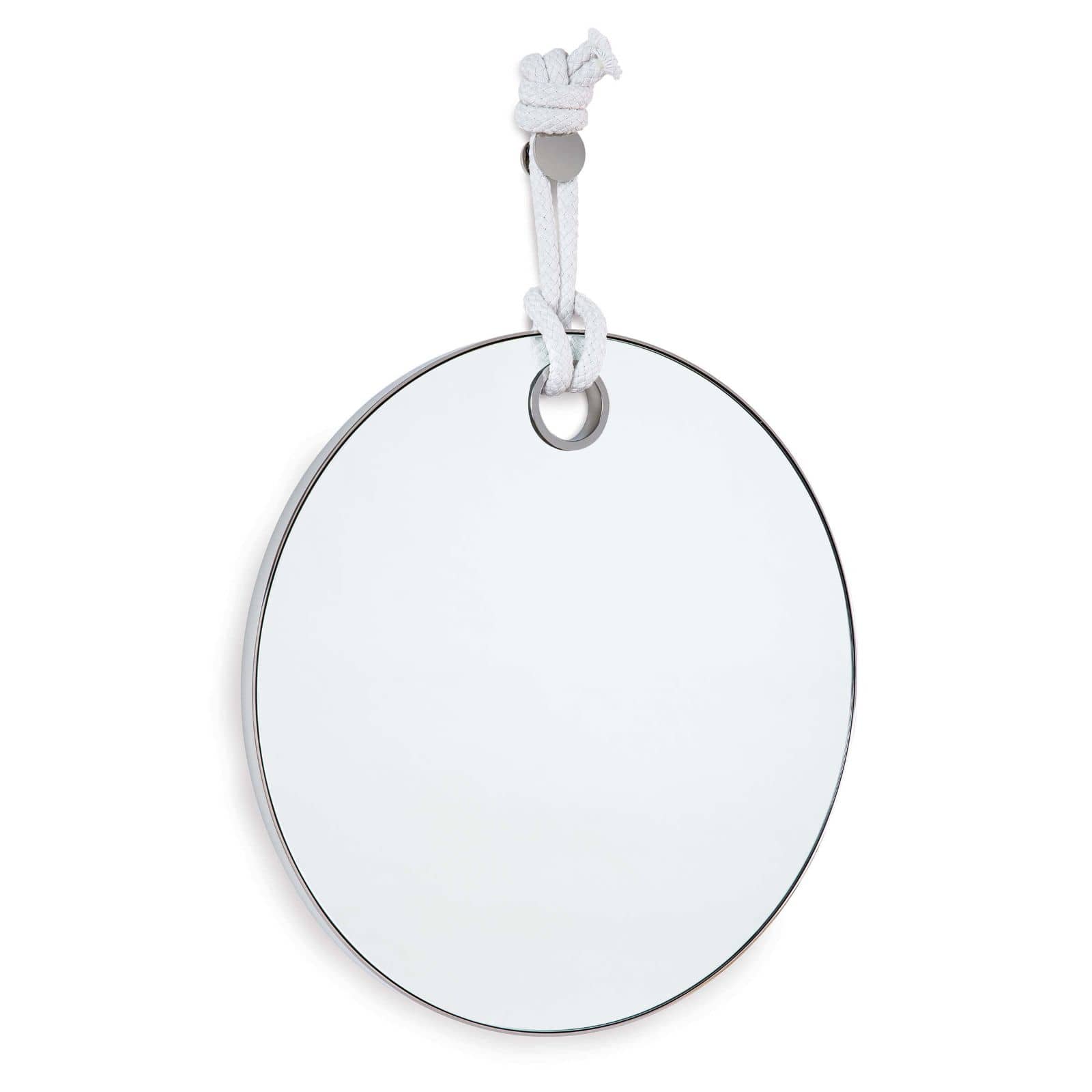 Bold natural brass lined round mirror hanging from a chunky rope