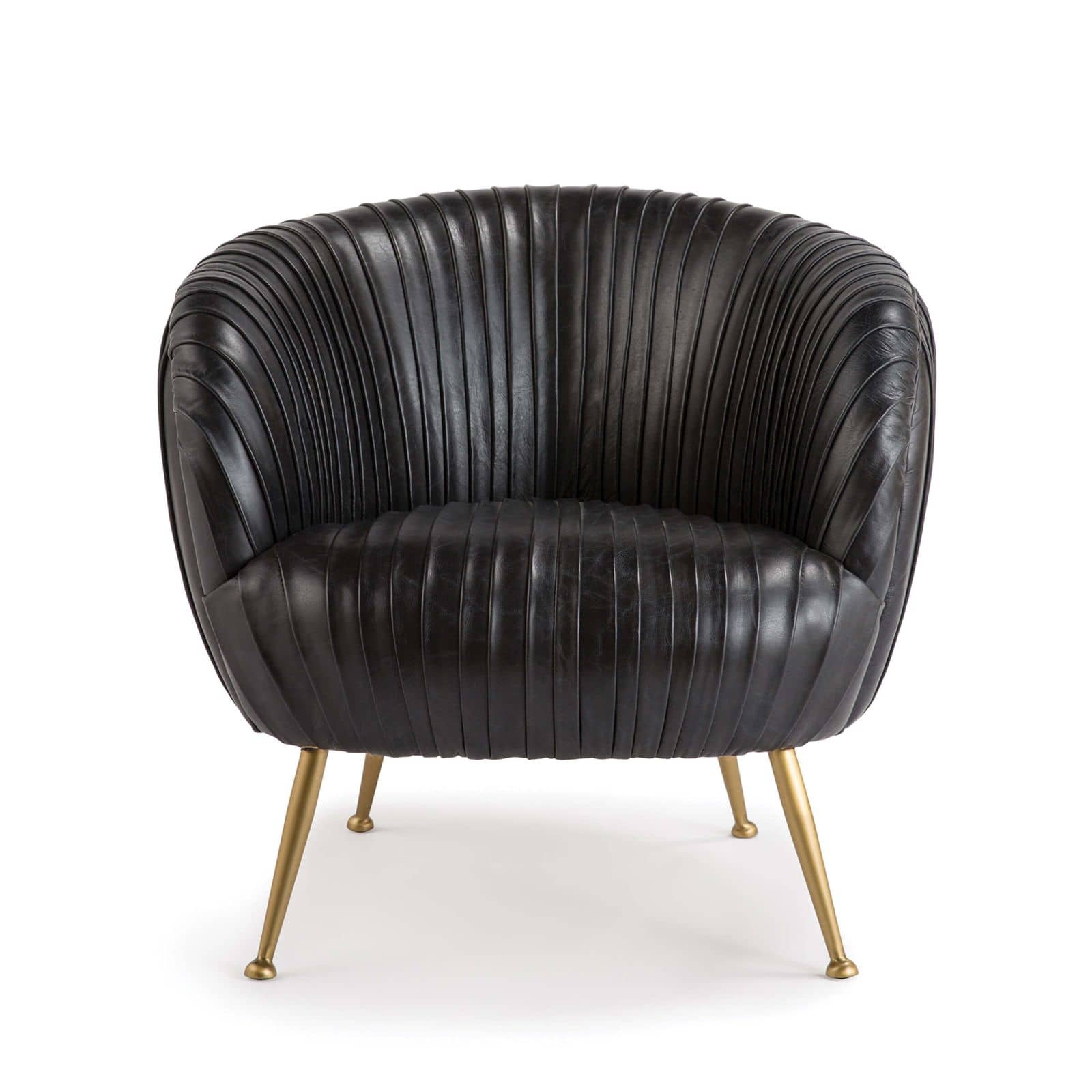 Art Deco soft-pleated black leather chair with natural brass legs